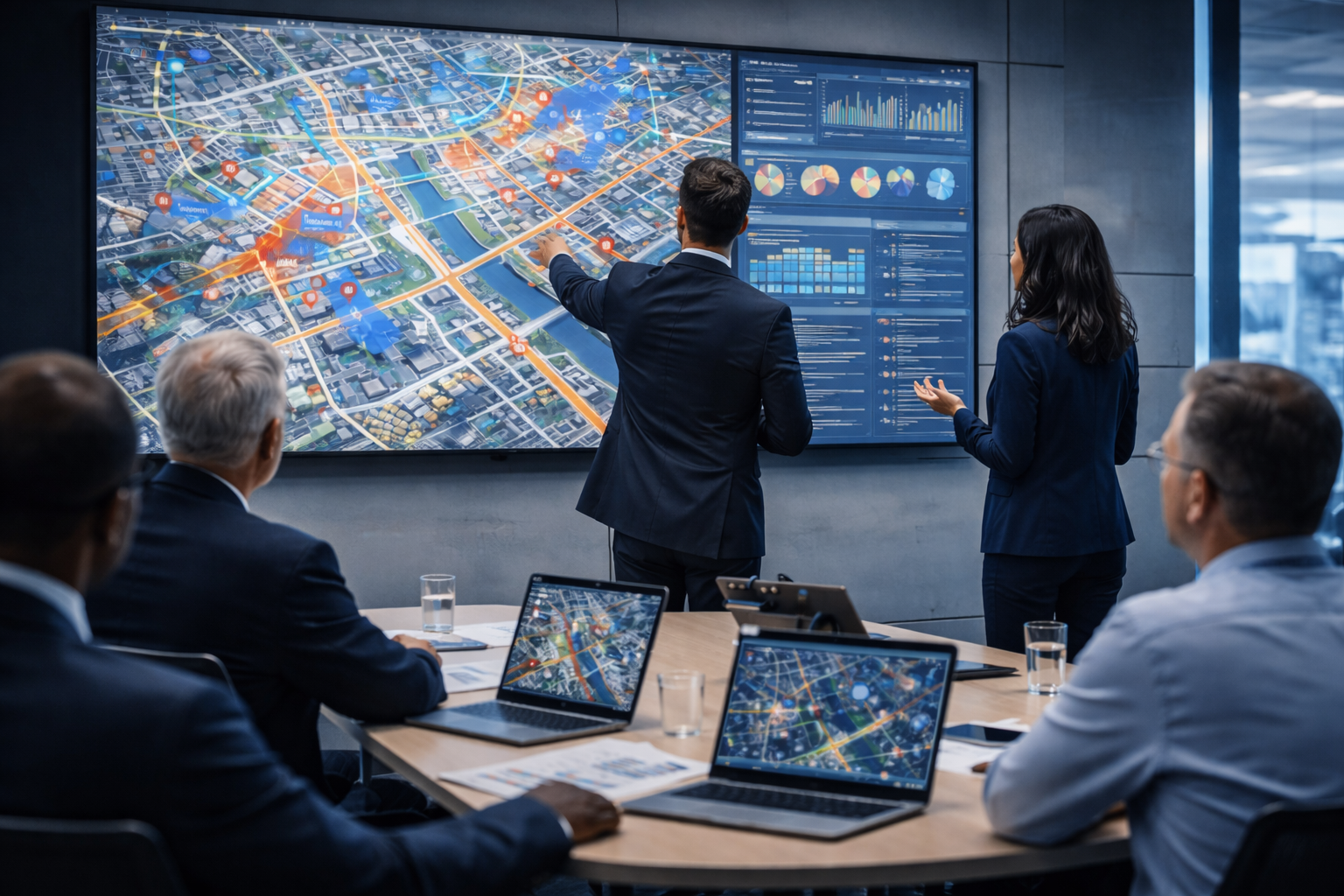 GIS consultants collaborating at a workstation