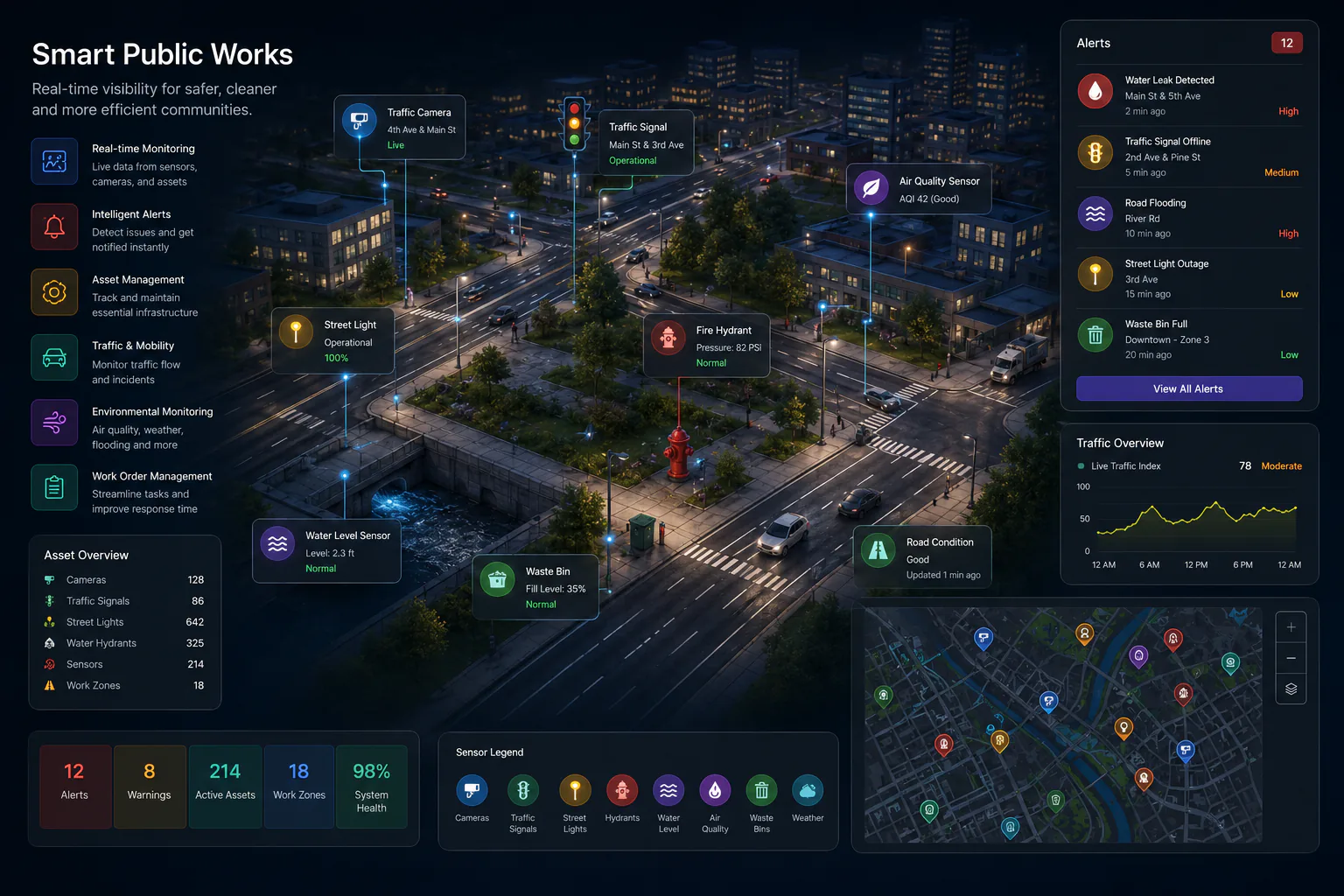 Smart city dashboard showing live status for traffic cameras, signals, street lights, hydrants, water level and air quality sensors across a city, with an alerts feed, asset inventory counts, and a map view